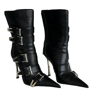 Versace Black Heeled Boots with Silver Buckles